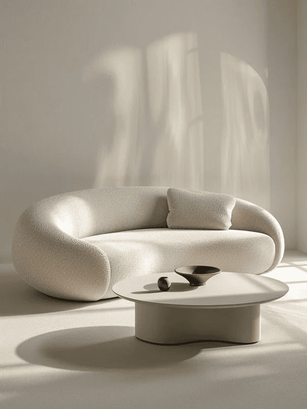 Sofá curvo de bouclé en interior cálido con luz suave